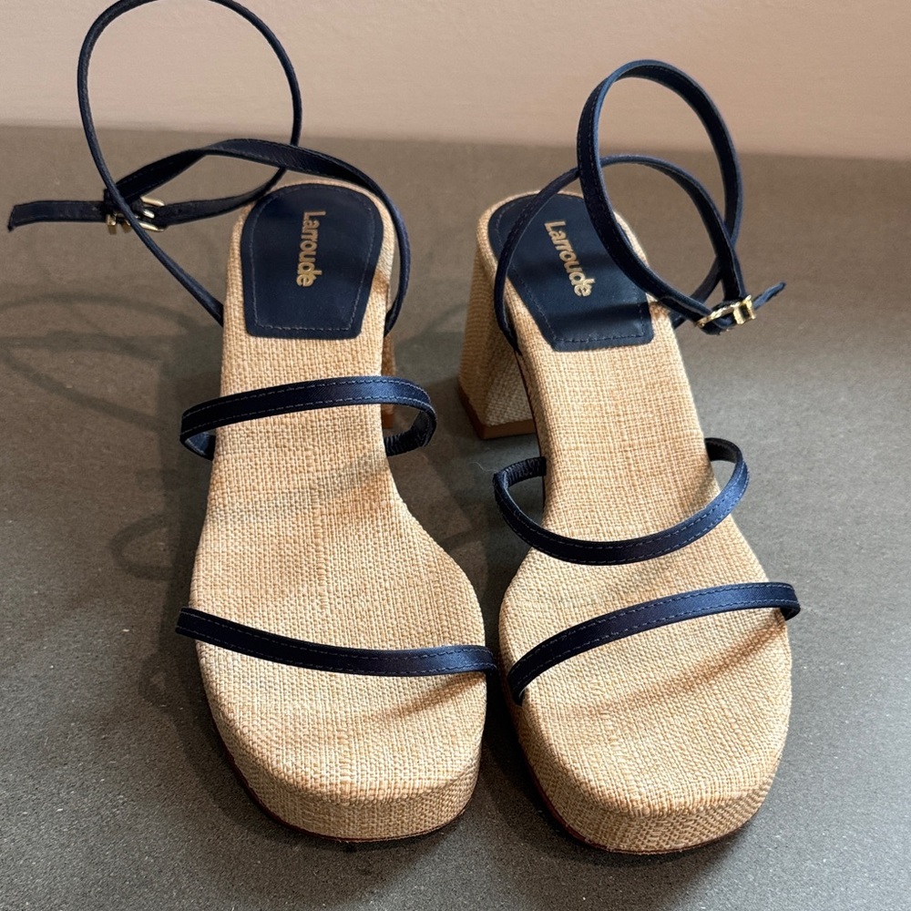 Larroude Navy Leather Strappy Raffia Platform Sandals